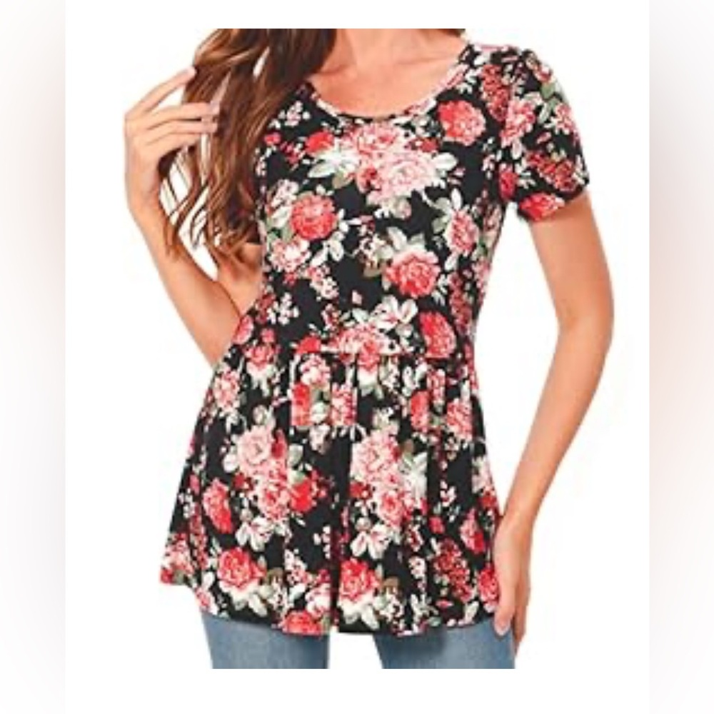 Bearsland Nursing Maternity Black and Pink Floral Short Sleeve Top